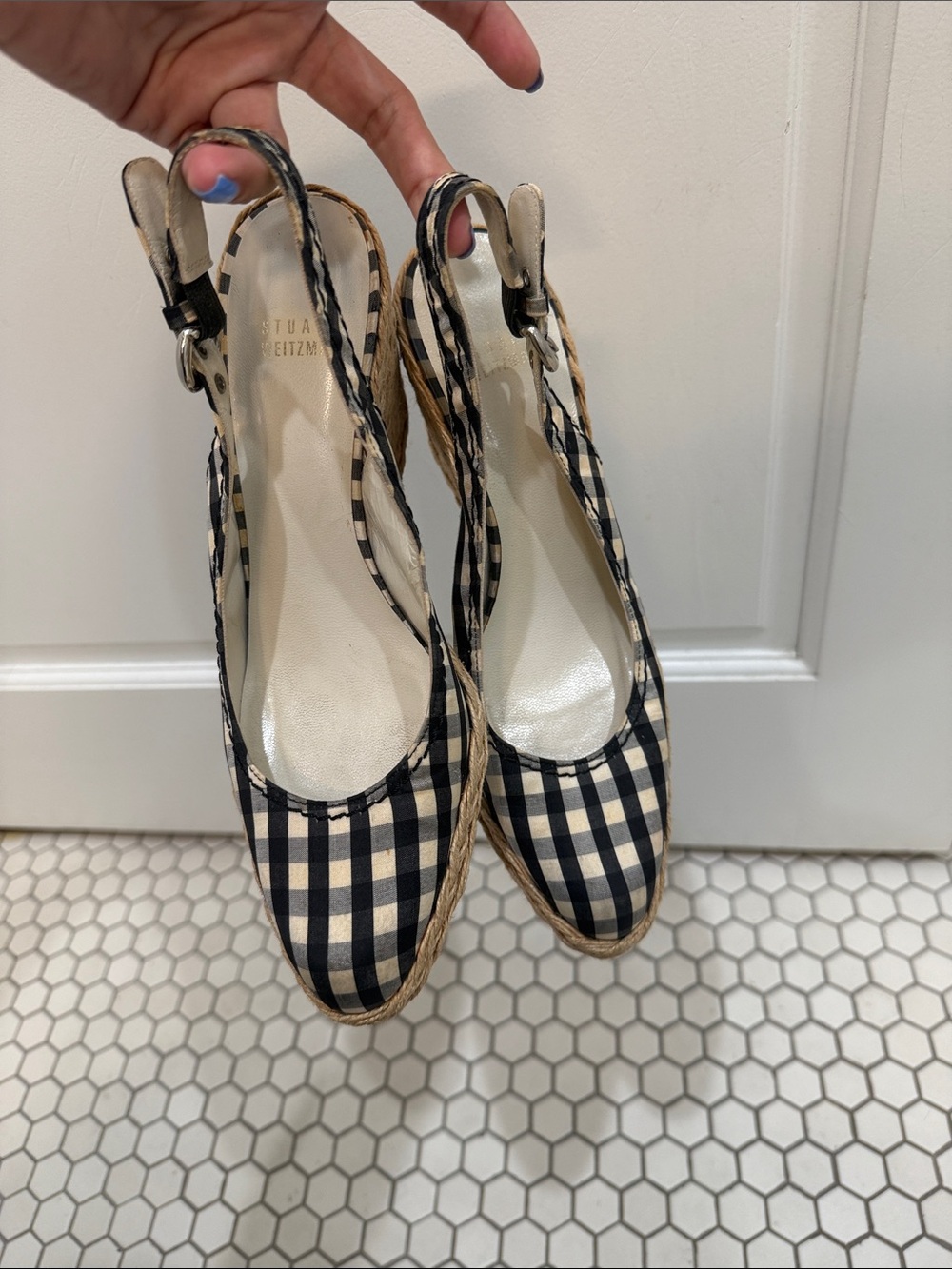 Stuart Weitzman Black & Cream Gingham Slingback Espadrille Wedges